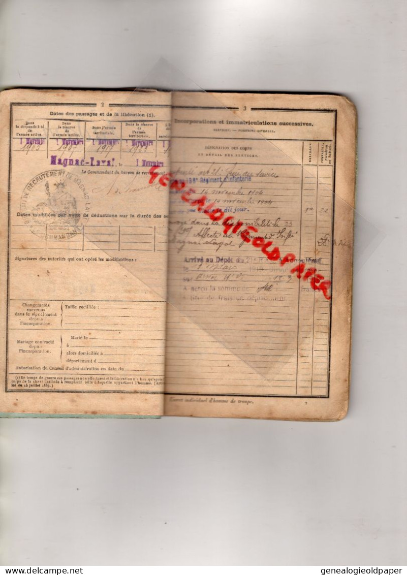 87 ARNAC LA POSTE VILLAUBRUN -MAGNAC LAVAL-BELLAC-CROMAC-LIMOGES-SAINT SULPICE FEUILLES LIVRET MILITAIRE JEAN B. LADAME- - Documenti Storici