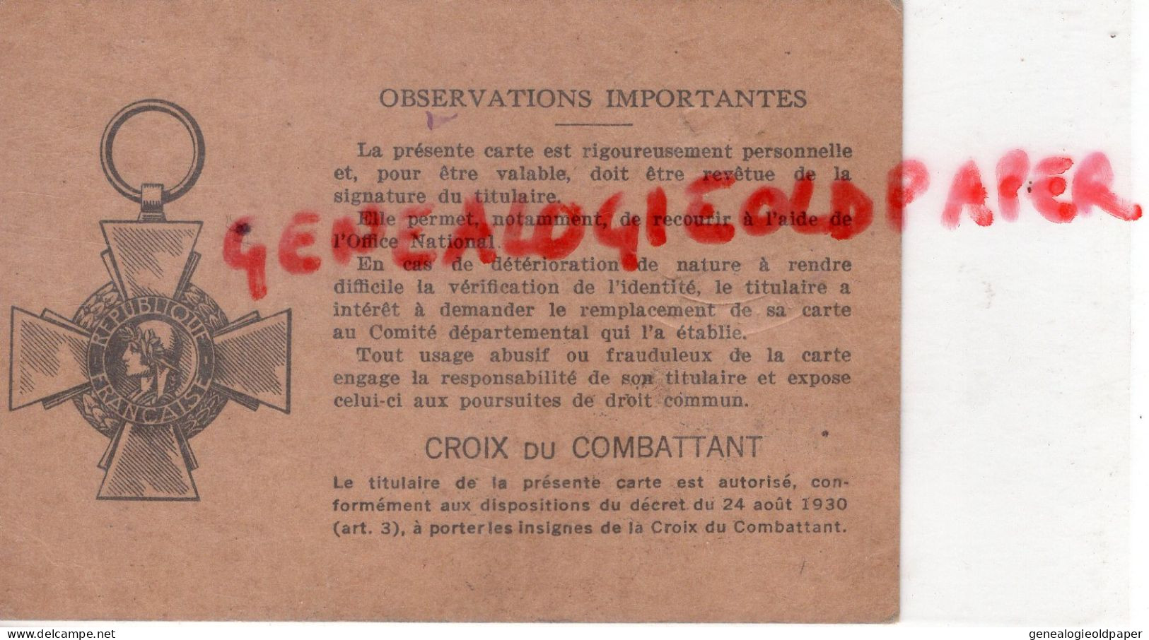 87 ARNAC LA POSTE VILLAUBRUN -CROMAC- CARTE COMBATTANT  LIMOUSIN JEAN BAPTISTE LADAME- LIMOGES 11 JUIN 1936 - Documenti Storici