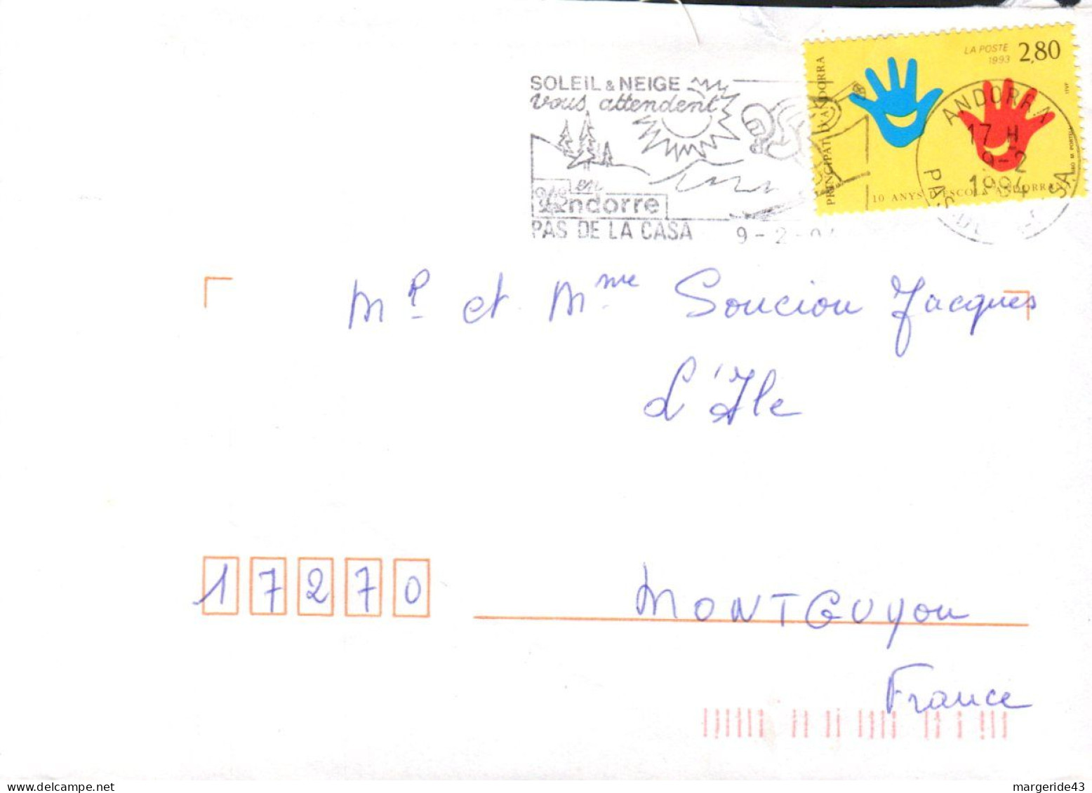 ANDORRE SEUL SUR LETTRE POUR LA FRANCE 1994 - Briefe U. Dokumente