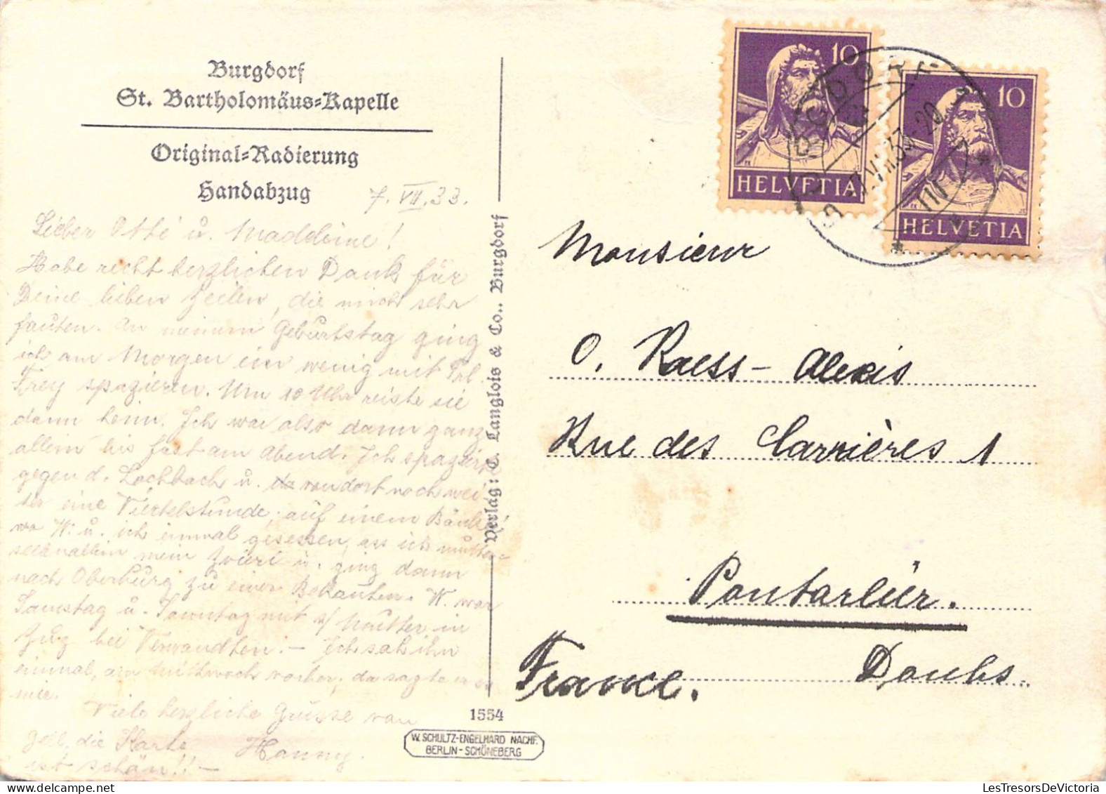SUISSE - BURGDORF - St BARTHOLOMAÜS - Kapelle - Carte Postale Ancienne - Arth