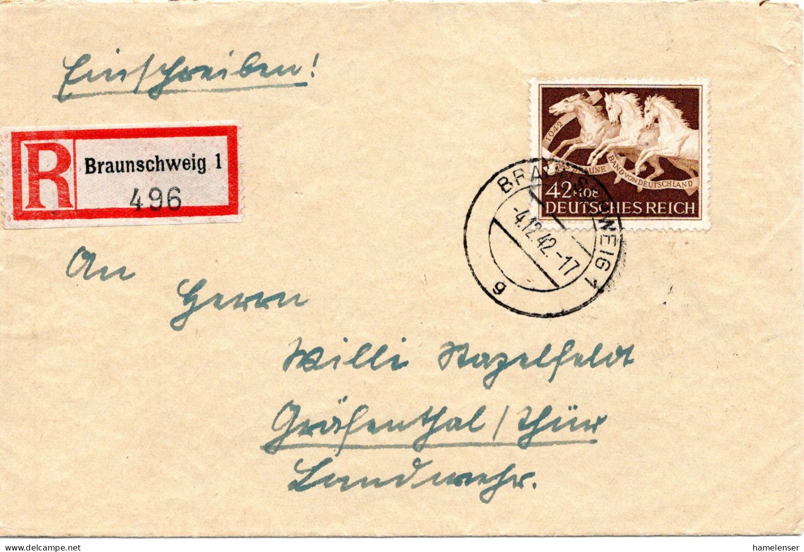 57522 - Deutsches Reich - 1942 - 42Pfg Braunes Band EF A R-Bf BRAUNSCHWEIG -> GRAEFENTHAL - Radsport