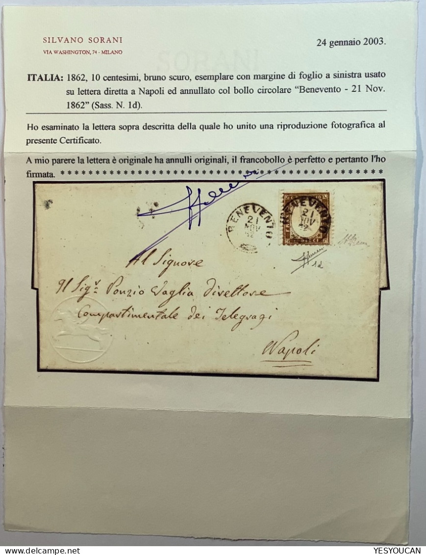 Regno D’ Italia 1a(5000€) SPL ! BENEVENTO1862 (Campania Napoli/Stato Pontificio) Lettera, Cert Bottacchi (Italy XF Cover - Marcophilia