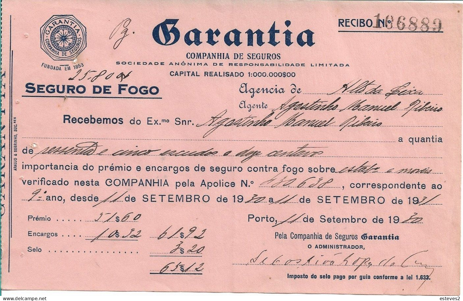 Portugal , GARANTIA Companhia De Seguros , Receipt Of Insurance , 1930 , Printed By Araujo & Sobrinho , Pink - Portugal