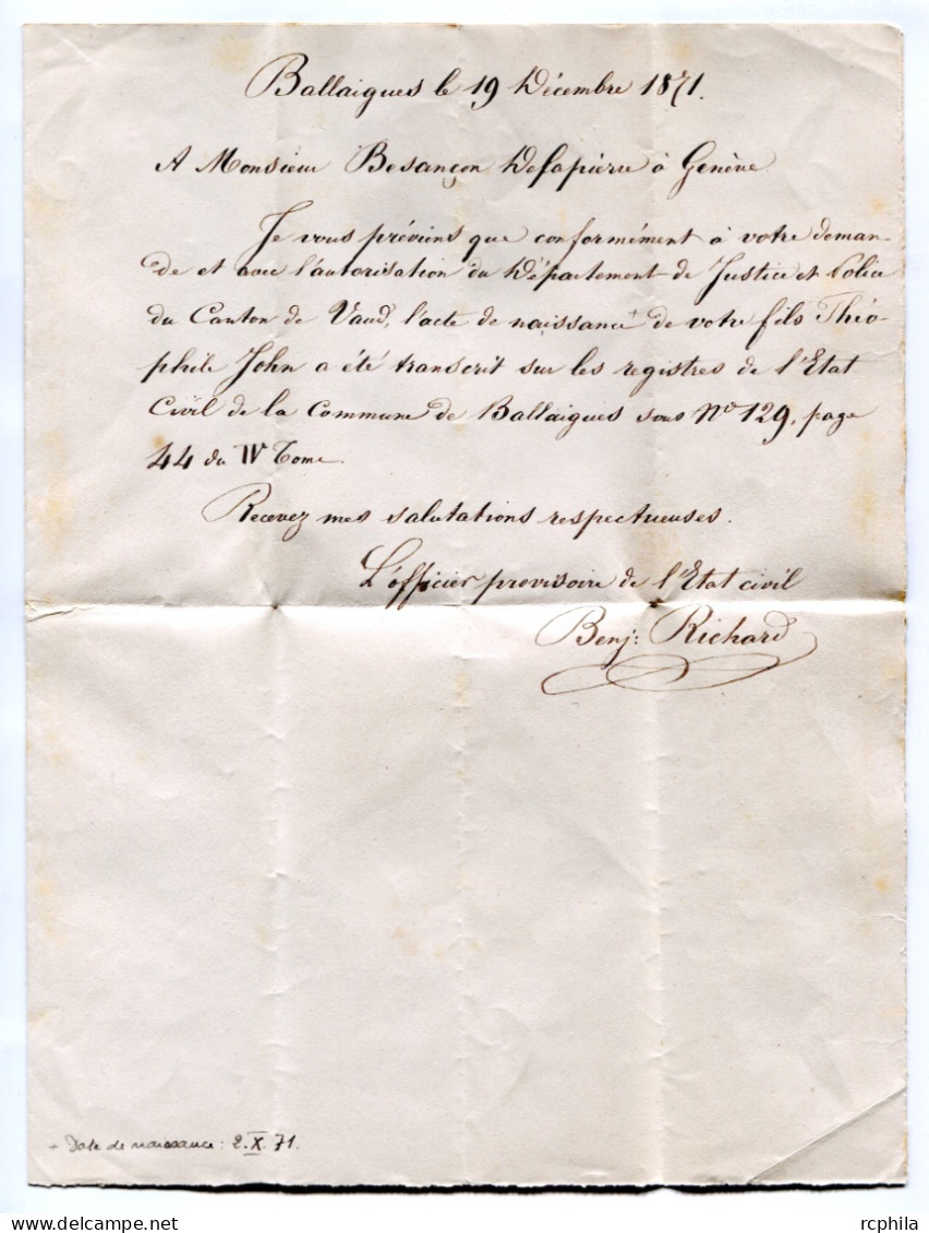 RC 24733 SUISSE 1871 LETTRE PAIRE DE 10c DE BALLAIGUES POUR GENEVE AVEC CORRESPONDANCE - Briefe U. Dokumente