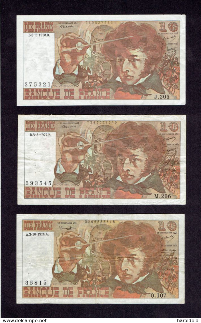 3 BILLETS 10F BERLIOZ - A.3-10-1974.A. - B.3-3-1977.B. - B.6-7-1978.B. - 10 F 1972-1978 ''Berlioz''