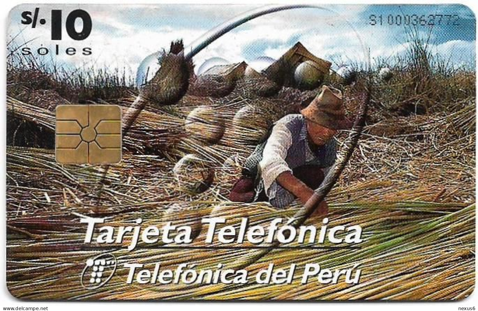 Peru - Telefónica - Andes Man Working, Gem1B Not Symmetric Red, Glossy, 10Sol, Used - Peru