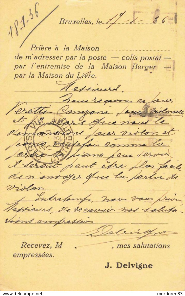 LETTRE ET SIGNATURE JEAN DELVIGNE 1936 EDITEUR DE MUSIQUE BRUXELLES - Autographs