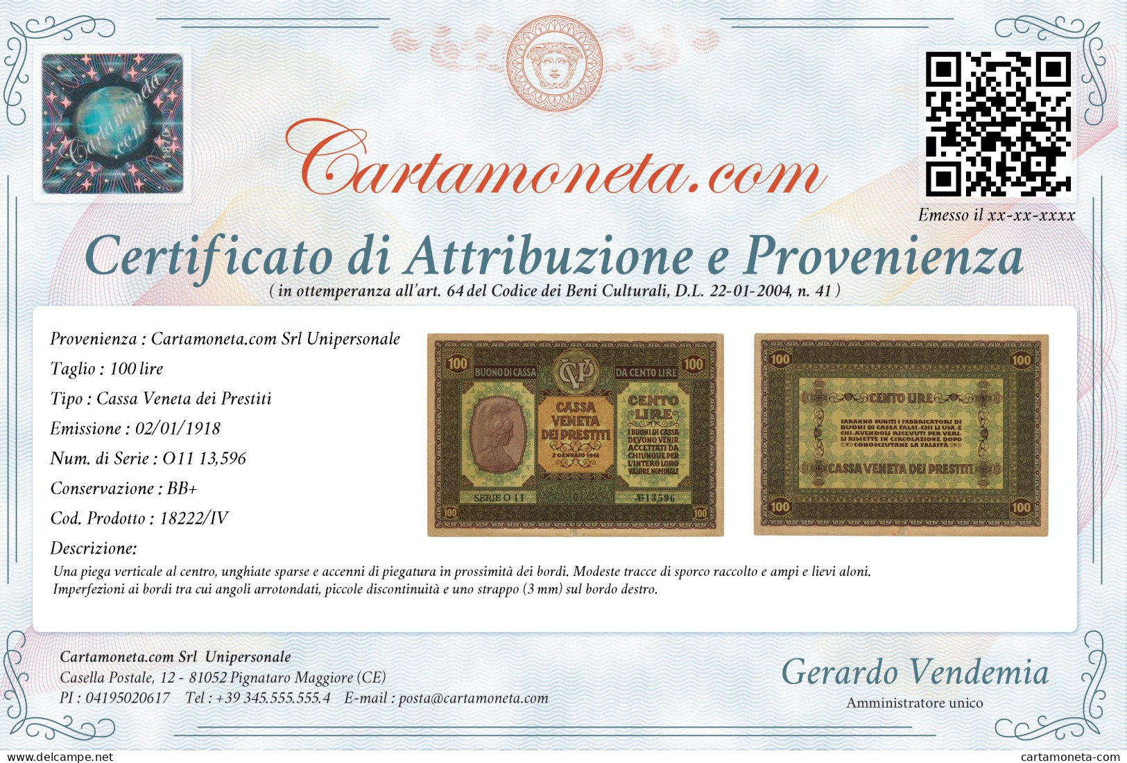 100 LIRE CASSA VENETA DEI PRESTITI OCCUPAZIONE AUSTRIACA 02/01/1918 BB+ - Austrian Occupation Of Venezia