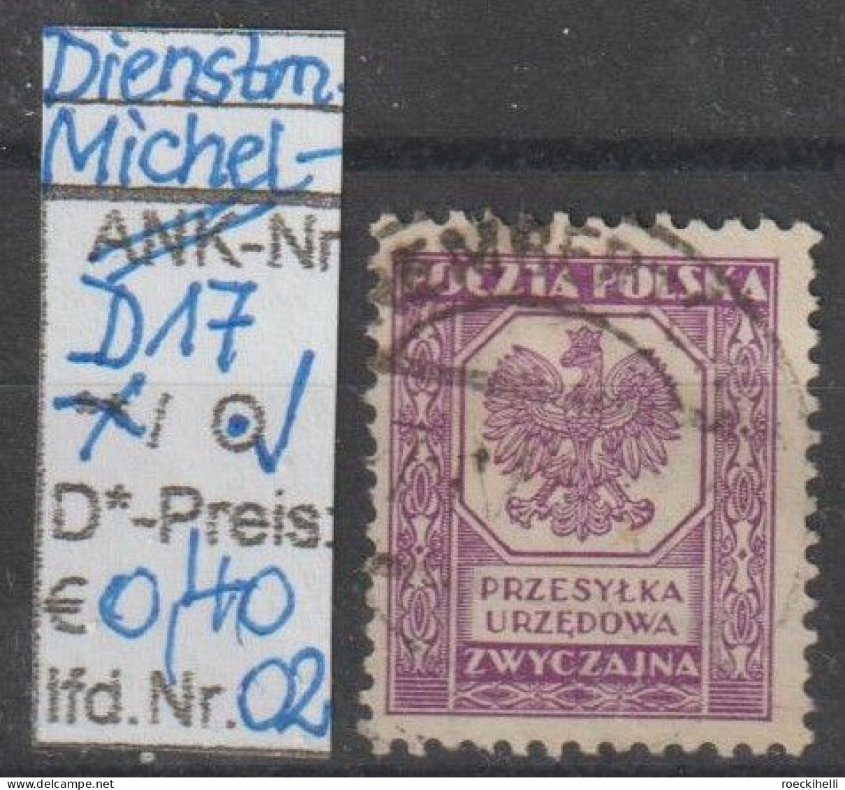 1933 - POLEN - Dienstpost-Marke "Wappenadler A. Achteck" O. Wertang.- O Gestempelt - S.Scan (pl D17o 01-02 Dienstp) - Oficiales