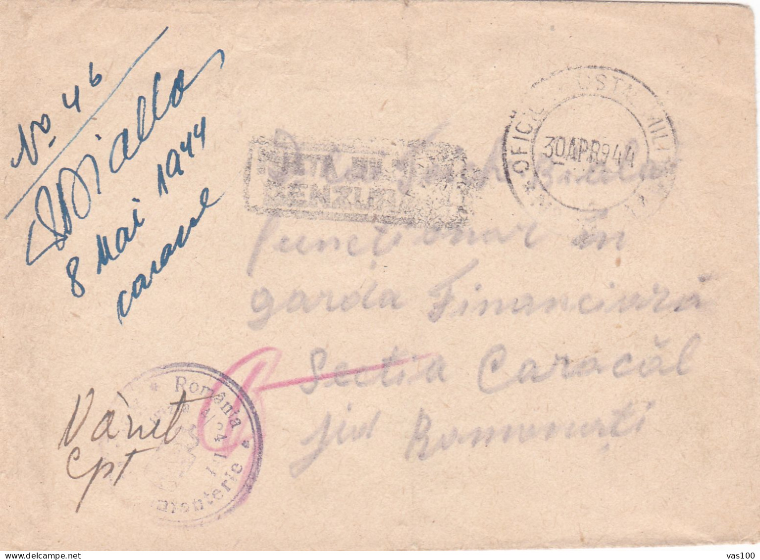 Romania, 1944, WWII Military Censored CENSOR ,COVERS  POSTMARK CARACAL   OPM #1130 - 2. Weltkrieg (Briefe)