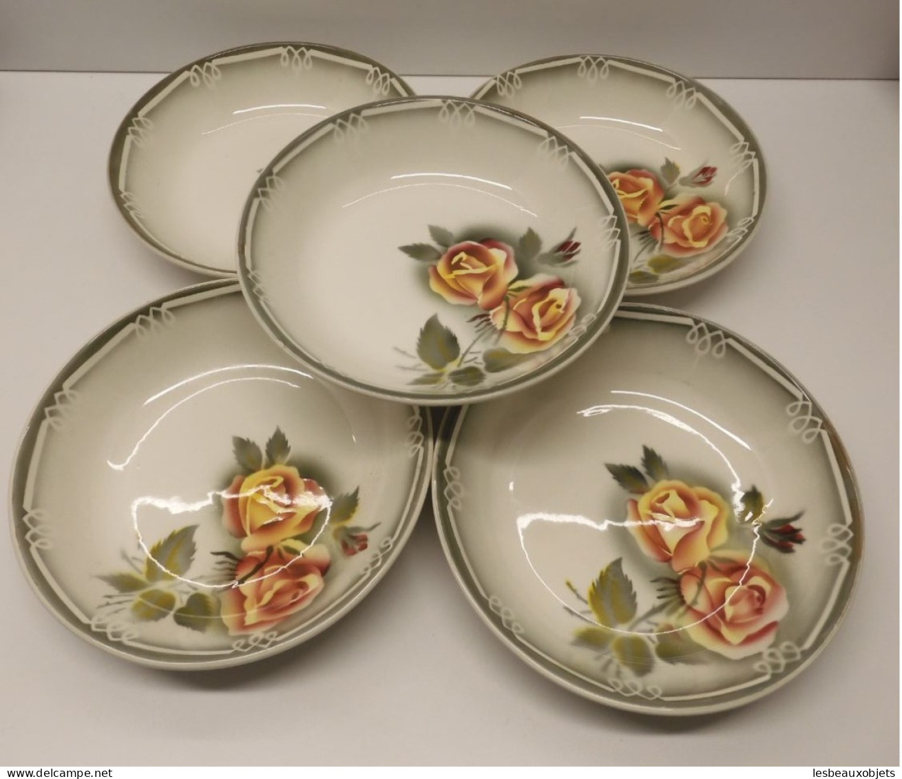 -5 ASSIETTES CREUSES CERAMIQUE DIGOIN Modèle ADELE Roses Jaune Orangé    E - Digoin (FRA)