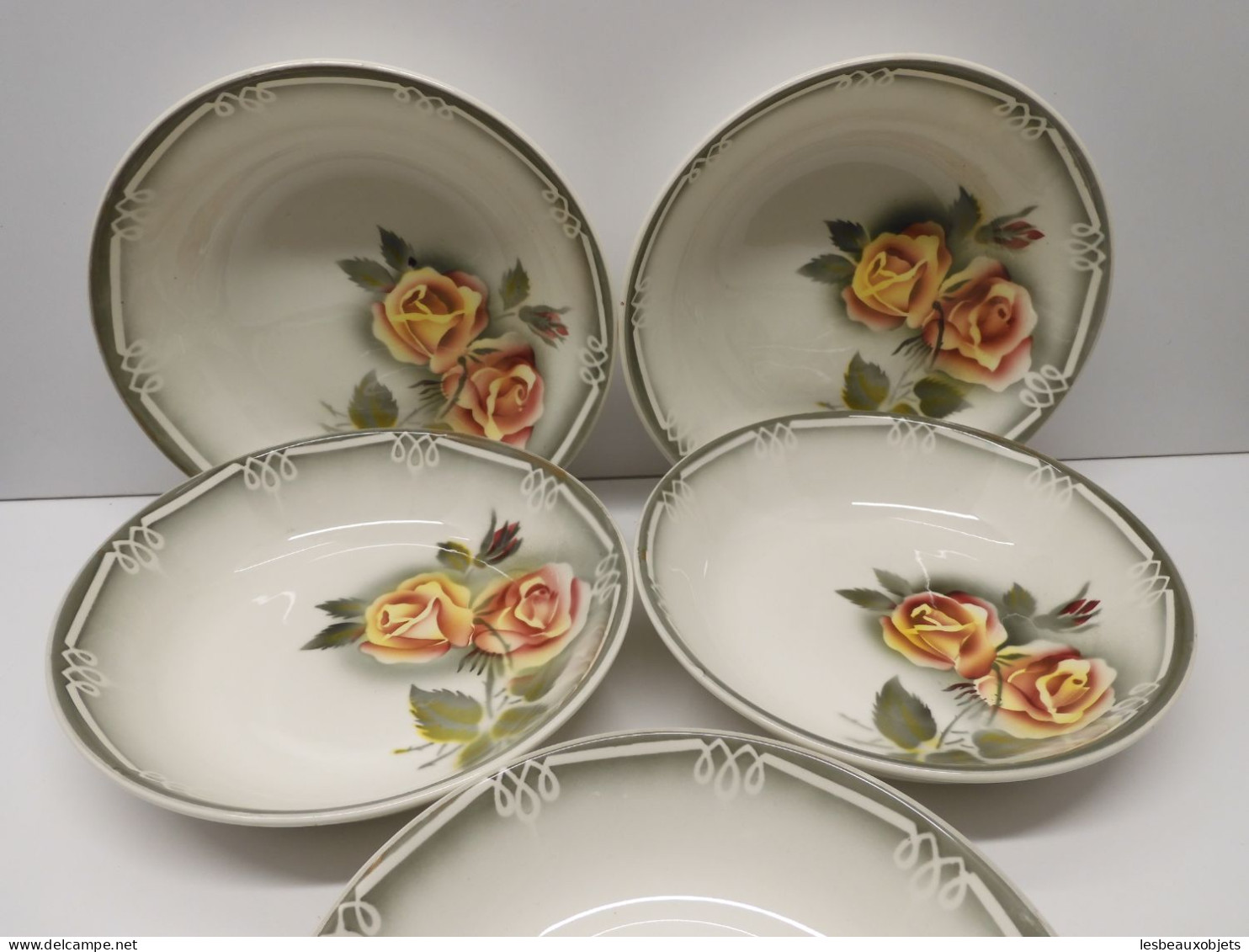 -5 ASSIETTES CREUSES CERAMIQUE DIGOIN modèle ADELE Roses jaune orangé    E