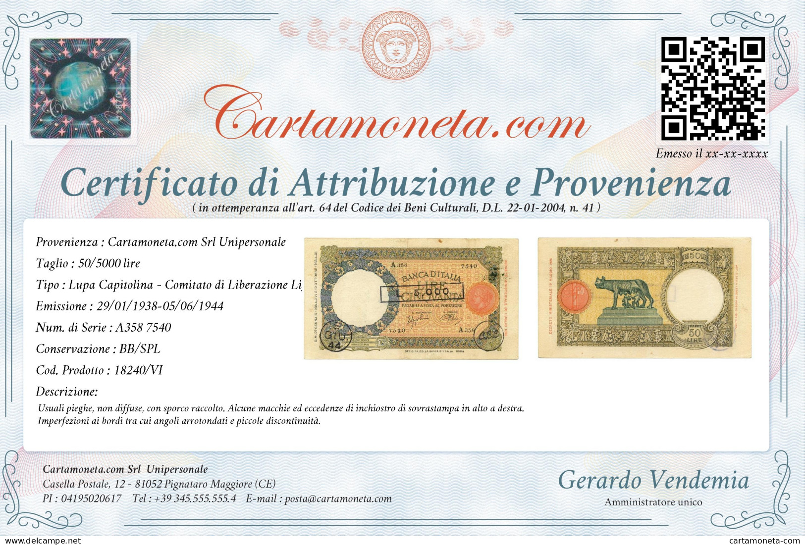 50/5000 LIRE CAPRANESI LUPA COMITATO LIBERAZIONE LIGURE 1938-05/06/1944 BB/SPL - Andere & Zonder Classificatie