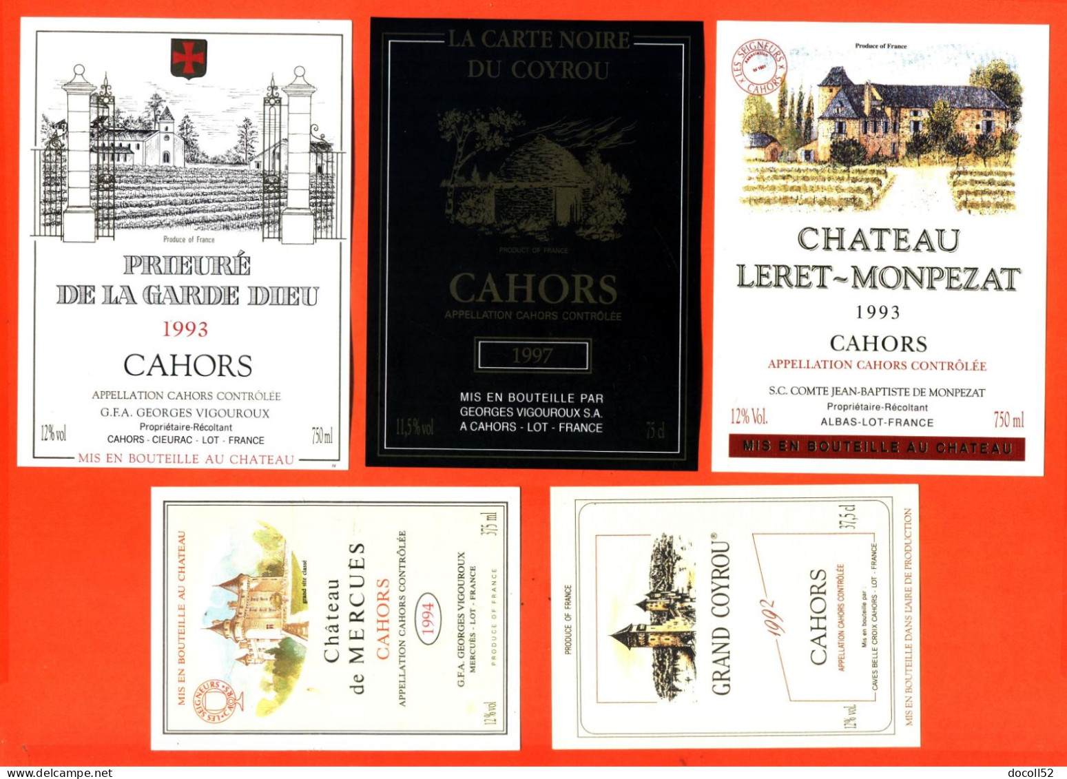 LOT DE 50 ETIQUETTES NEUVES DE VIN DE CAHORS MILLESIMES DIFFERENTS DE 1986 A 1997 - TOUTES SCANNEES