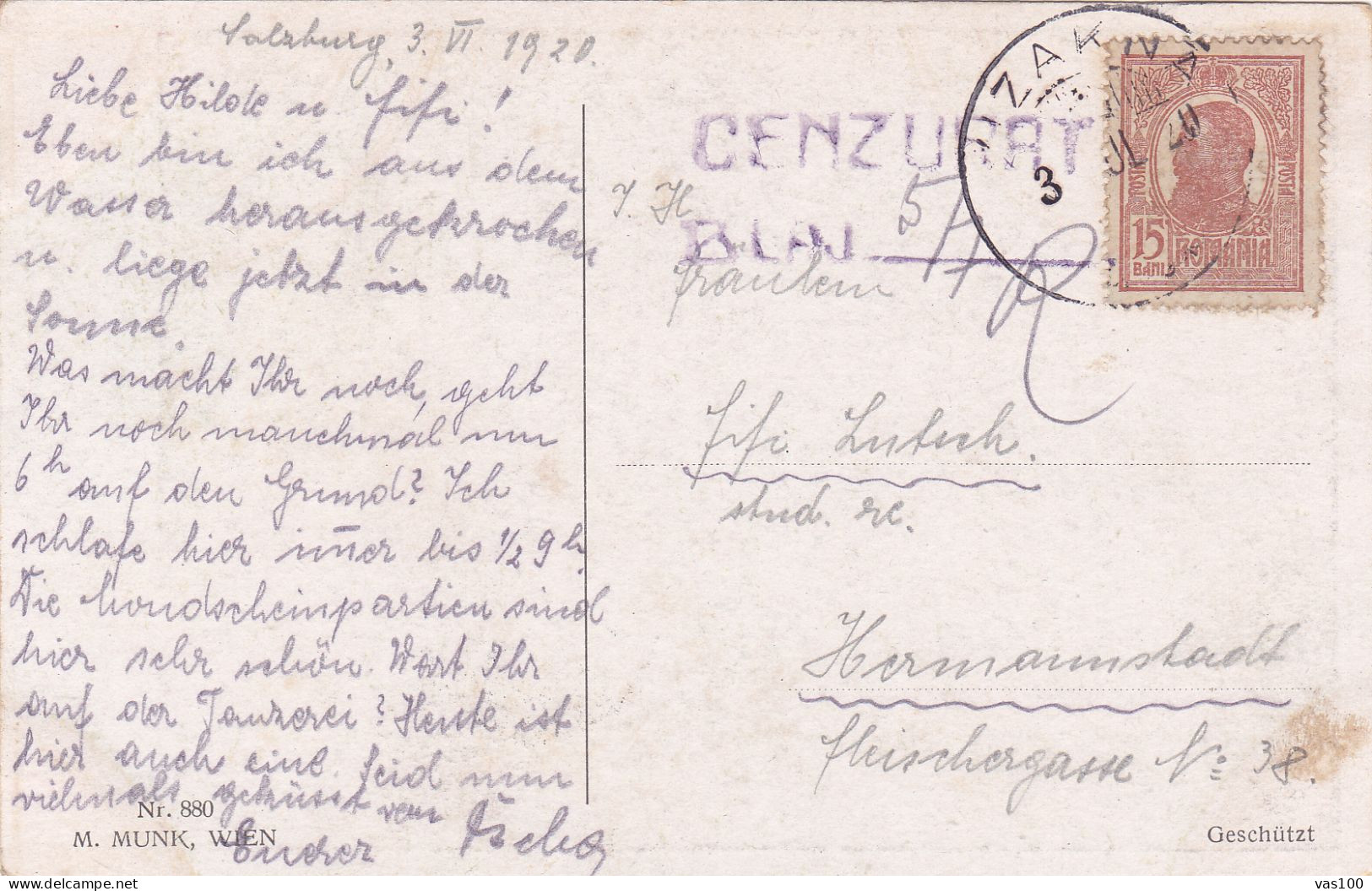 Romania, 1920, WWI Military Censored CENSOR ,POSTCARD, POSTMARK  BLAJ - 1ste Wereldoorlog (Brieven)