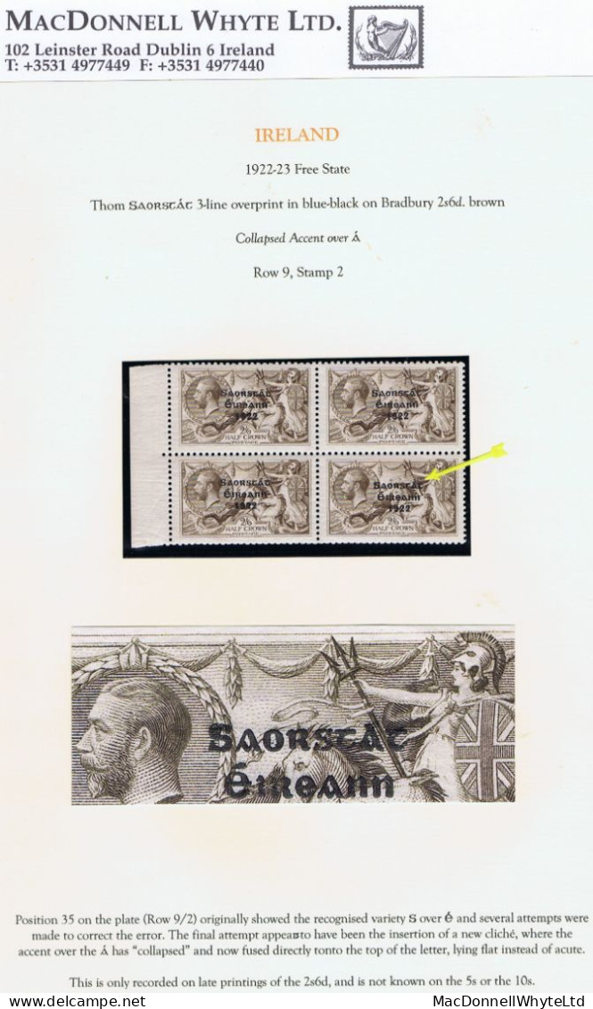 Ireland 1922-23 Thom Saorstát 3-line Overprint On 2/6d Brown Block Of 4 Incl Rare "Collapsed Accent" Of Row 9/2 Mint - Ungebraucht