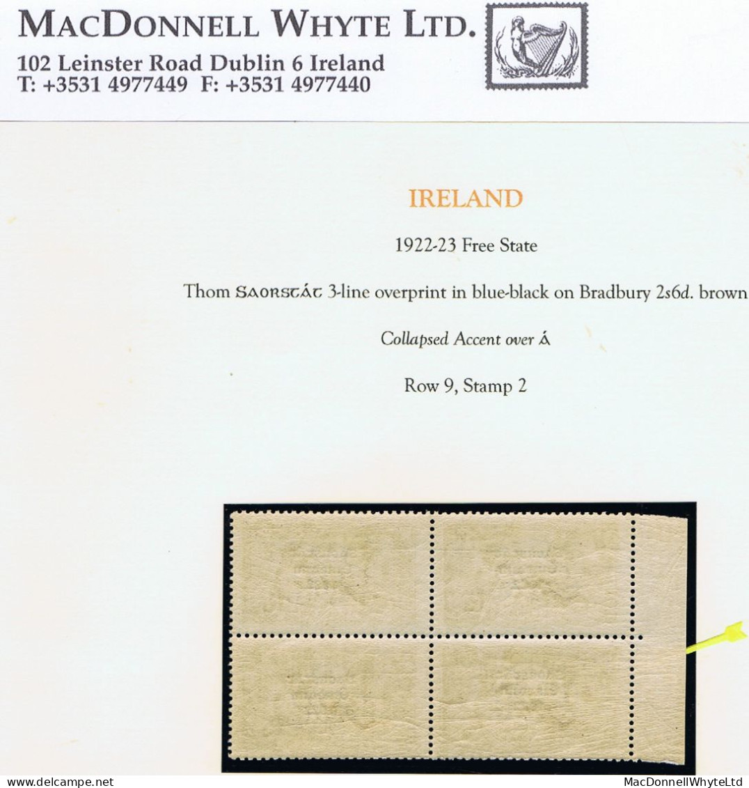 Ireland 1922-23 Thom Saorstát 3-line Overprint On 2/6d Brown Block Of 4 Incl Rare "Collapsed Accent" Of Row 9/2 Mint - Ongebruikt