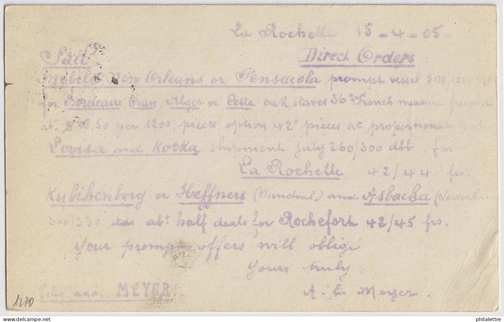 FRANCE - 1905 5c Vert-bleu Type Blanc (Yv.111) Sur Carte Commerciale De LA ROCHELLE à FLEKKEFJORD, Norvège - Brieven En Documenten