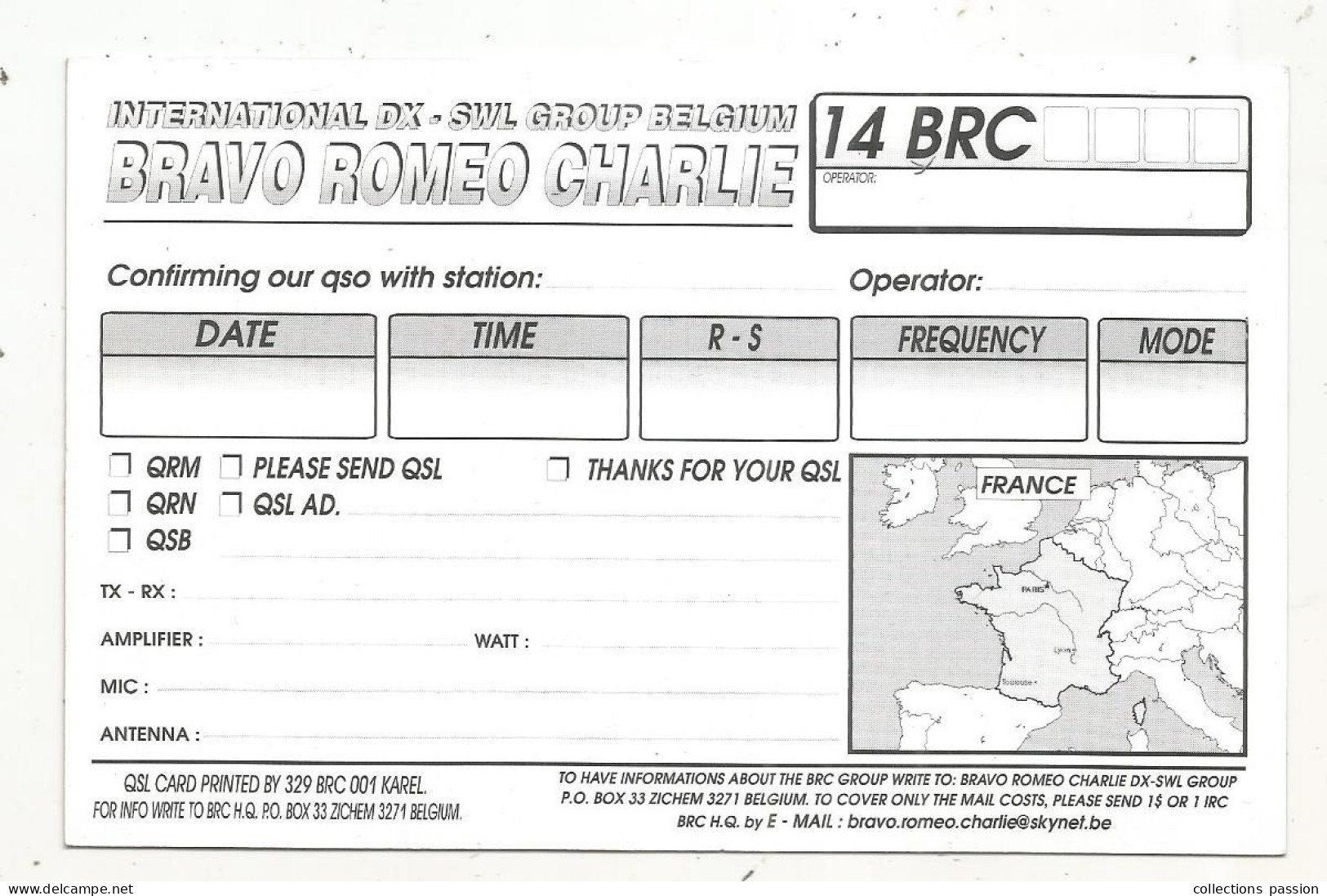 Cp , Carte QSL 4 Pages,  BRAVO ROMEO CHARLIE, International DX - SWL Group Belgium, FRANCE,  2 Scans - Radio Amateur