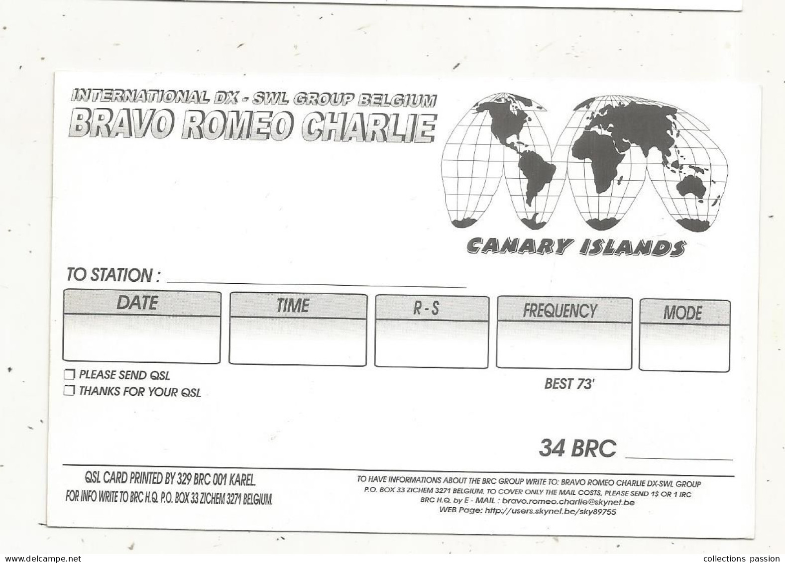 Cp , Carte QSL 4 Pages,  BRAVO ROMEO CHARLIE, International DX - SWL Group Belgium, CANARY ISLANDS,  2 Scans - Radio Amateur