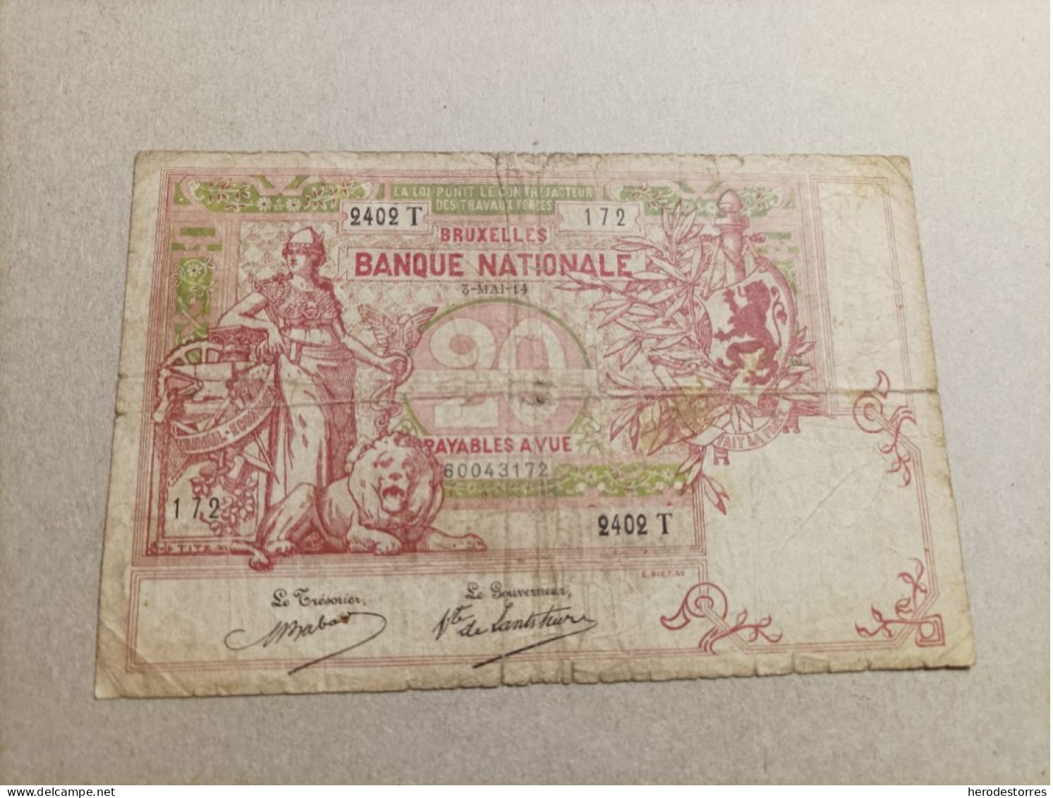 Billete De Luxemburgo De 20 Francs, Año 1914 - Luxembourg