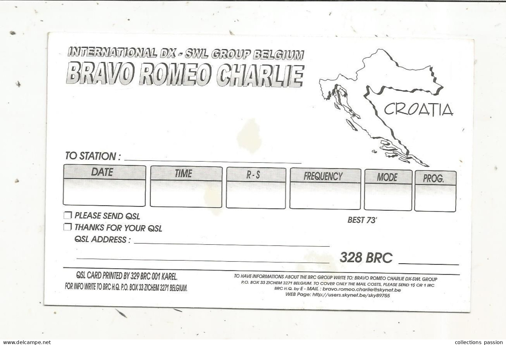 Cp , Carte QSL 4 Pages,  BRAVO ROMEO CHARLIE, International DX - SWL Group Belgium, CROATIA, CROATIE,  2 Scans - Radio Amateur