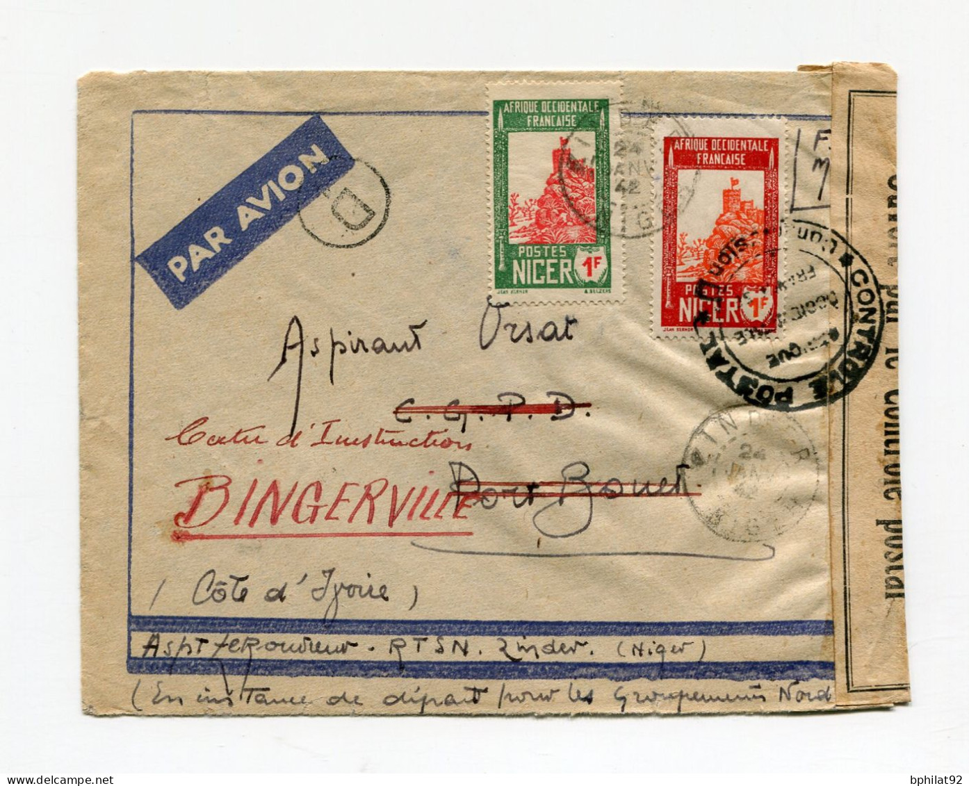 !!! LETTRE FM PAR AVION DE ZINDER POUR BINGERVILLE (COTE D'IVOIRE) DE 1942, AVEC CENSURES. TRANSIT AU DOS - Storia Postale