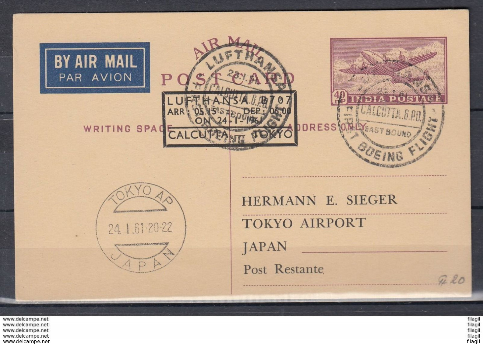 Post Card Van Lufthansa First Boeing Flight Calcutta G.PO. Naar Tokyo Airport Japan (833) - Airmail