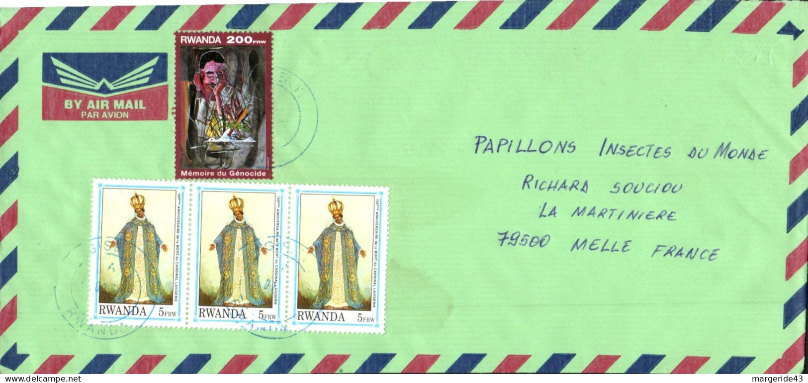 RWANDA AFFRANCHISSEMENT COMPOSE SUR  LETTRE POUR LA FRANCE 1992 - Storia Postale