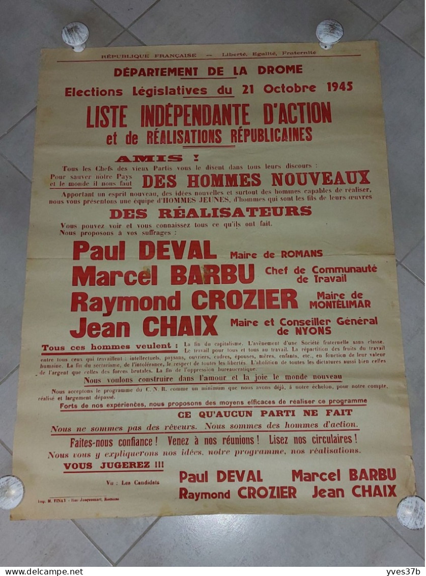 AFFICHE "Elections Législatives 21/10/1945" Drôme - 63x83 - TTB - Afiches