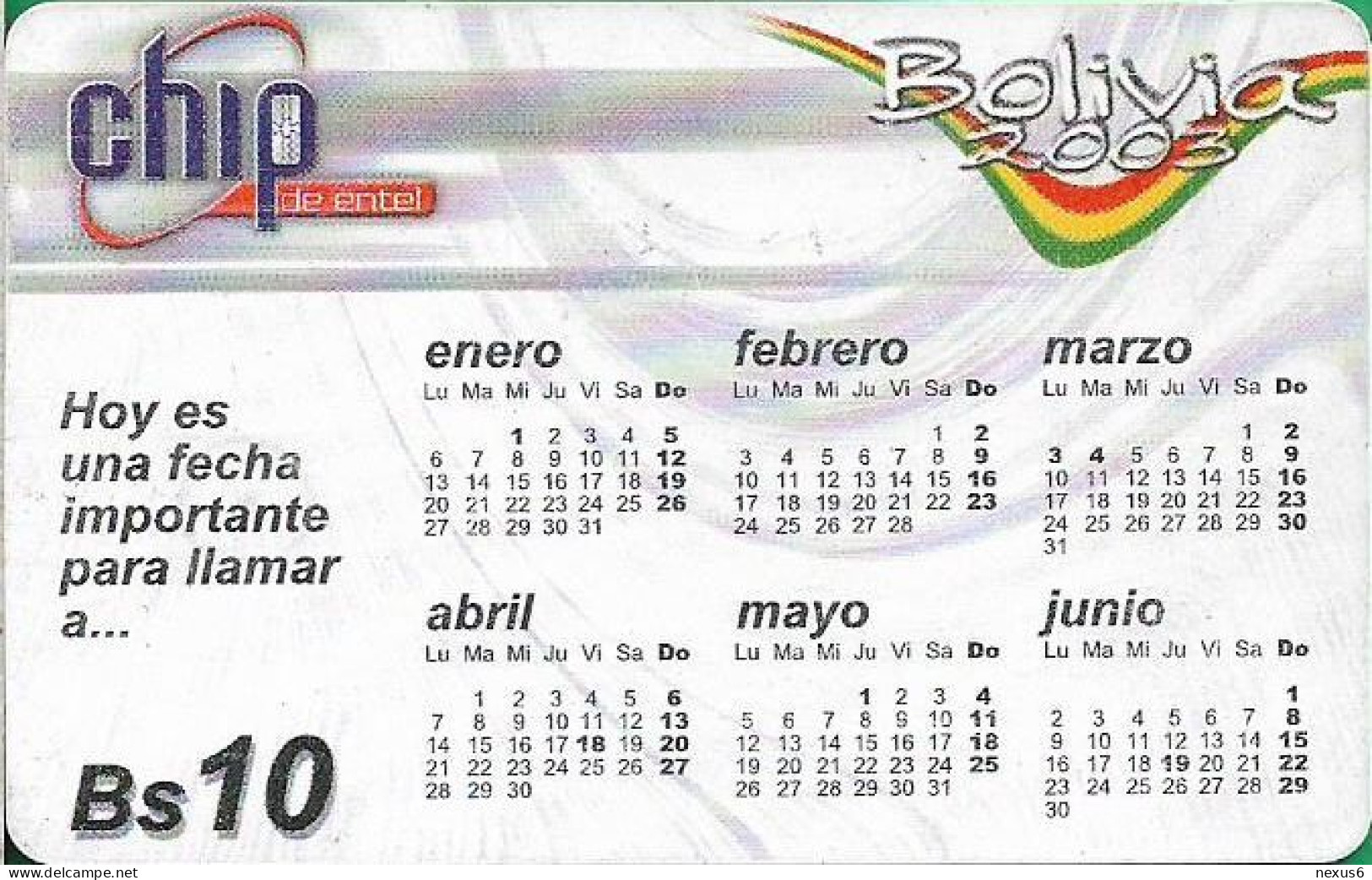 Bolivia - Entel (Chip) - Calendario 2003 - Blanco Y Multicolor, Gem5 Red, 2003, 10Bs, Used - Bolivia