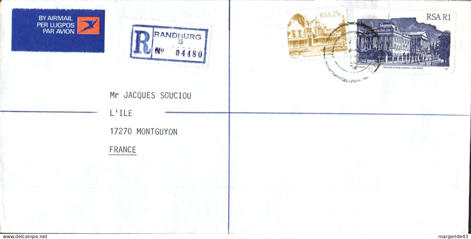 AFRIQUE DU SUD AFFRANCHISSEMENT COMPOSE SUR LETTRE RECOMMANDEE POUR LA FRANCE 1987 - Storia Postale