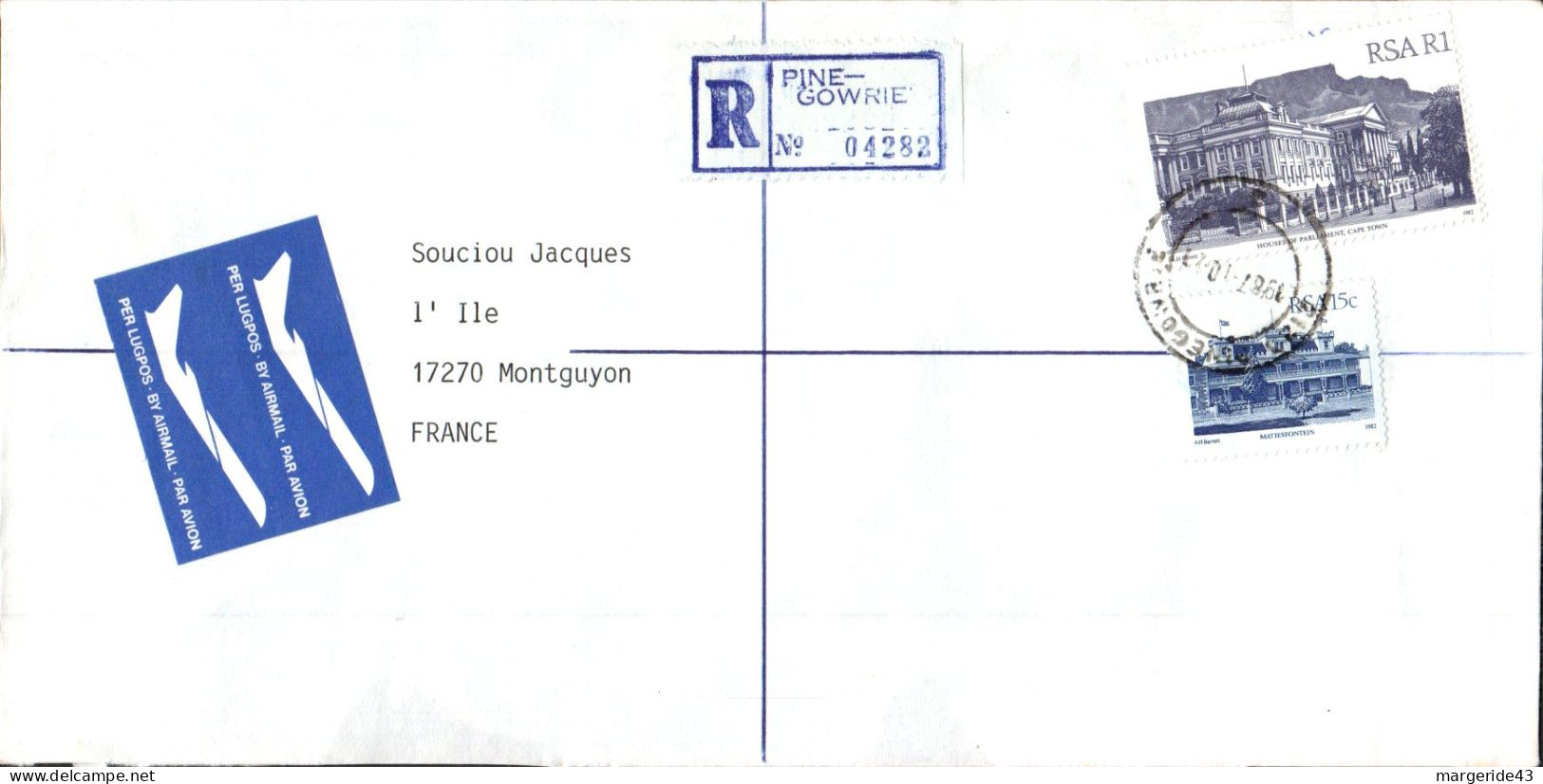 AFRIQUE DU SUD AFFRANCHISSEMENT COMPOSE SUR LETTRE RECOMMANDEE POUR LA FRANCE 1987 - Storia Postale