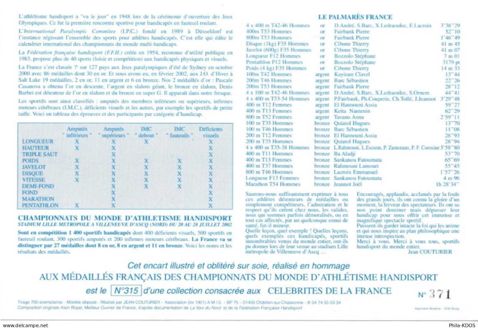 Rare (371/700) Encart 1er Jour N°té / Soie Edit° A.M.I.S. De 2002 : " ATHLETISME HANDISPORT ". N° YT 3495. Parf état FDC - Sport Voor Mindervaliden