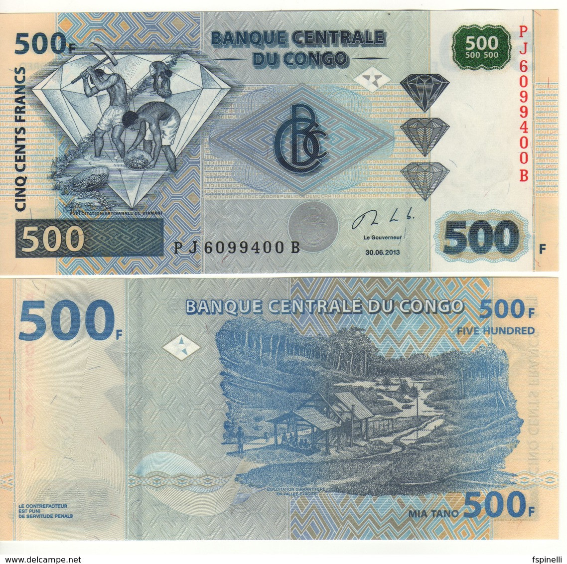 CONGO DEMOCRATIC Republic  500 Francs P96b  Dated  30.06.2013 ( Diamond Exploitation )   UNC - Democratische Republiek Congo & Zaire