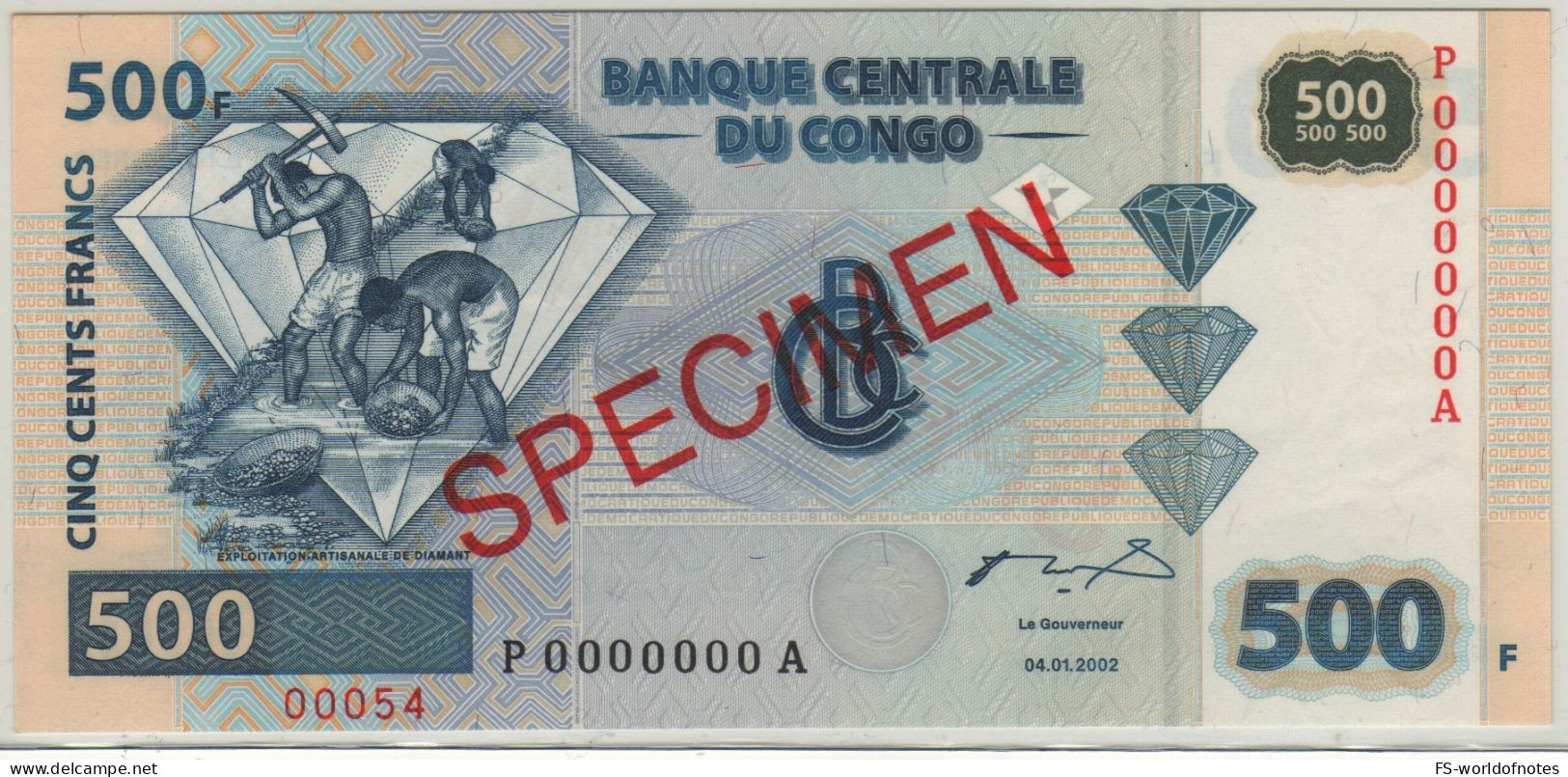 CONGO DEMOCRATIC Republic  500 Francs "SPECIMEN" P96a  Dated  04.01.2002 ( Diamond Exploitation )   UNC - Democratische Republiek Congo & Zaire