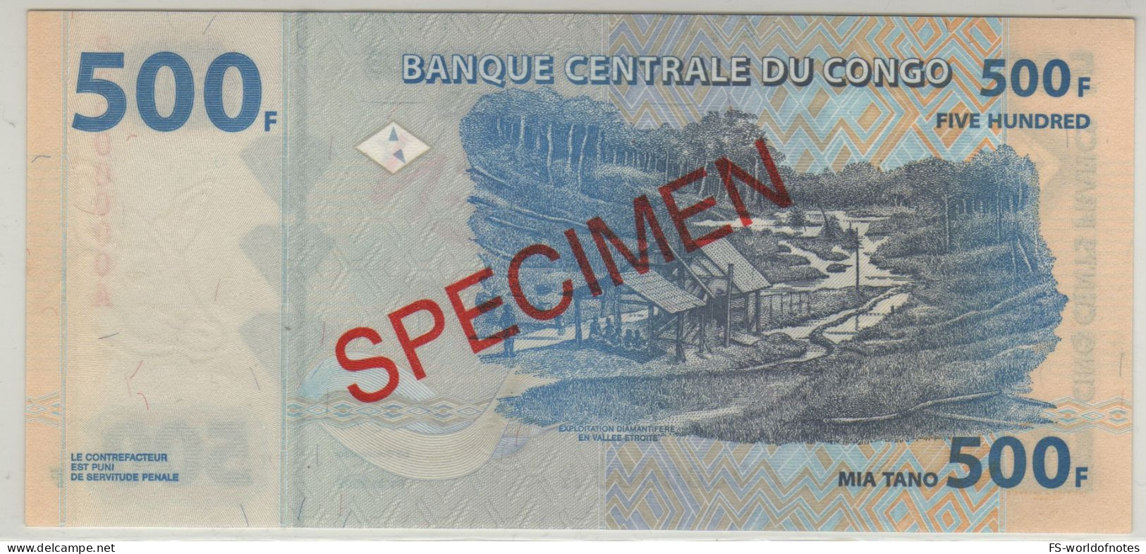 CONGO DEMOCRATIC Republic  500 Francs "SPECIMEN" P96a  Dated  04.01.2002 ( Diamond Exploitation )   UNC - Democratische Republiek Congo & Zaire