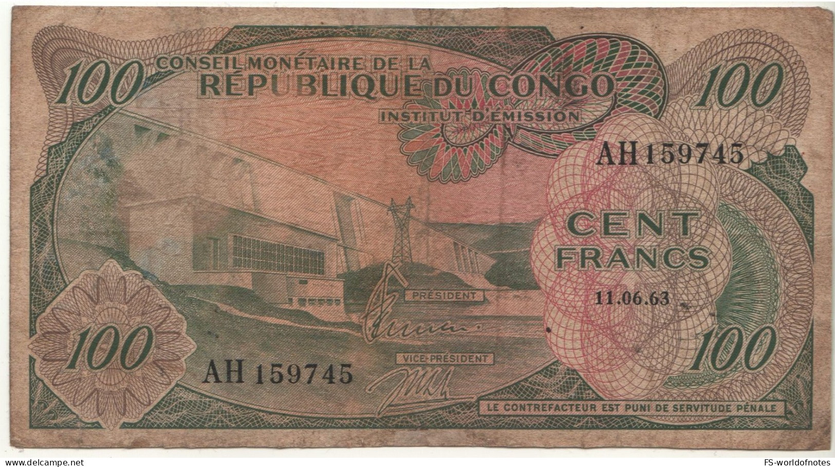 CONGO Republic 100 Francs P1a  Dated  11.6.1963  ( Hydroelectric Dam + Chain Excavator Back ) - République Du Congo (Congo-Brazzaville)