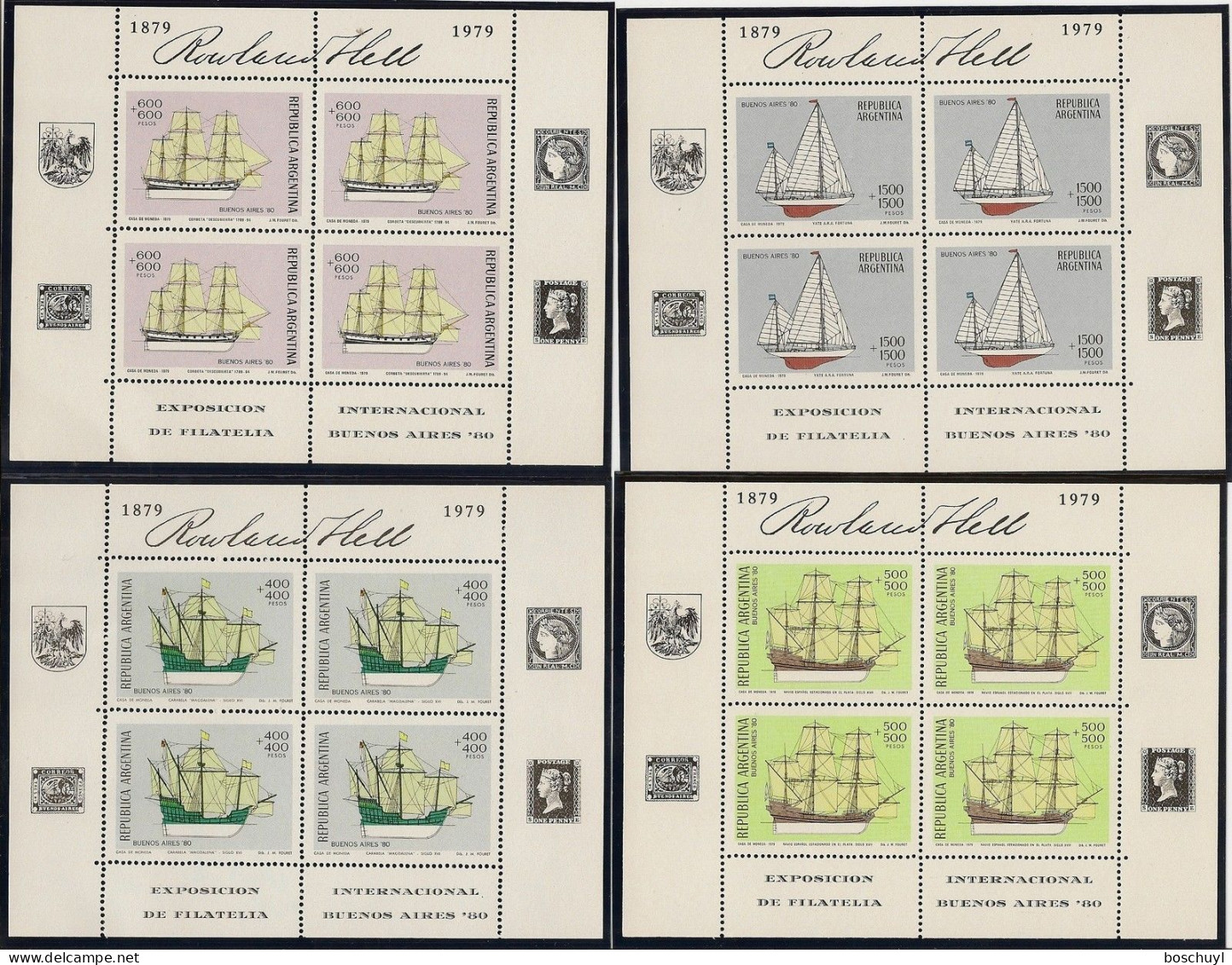 Argentina, 1979, Sailing Vessels, Tall Ships, Boats, Stamp Exhibition, Rowland Hill, UPU, MNH Sheets, Michel 1405-1408 - Blocks & Kleinbögen