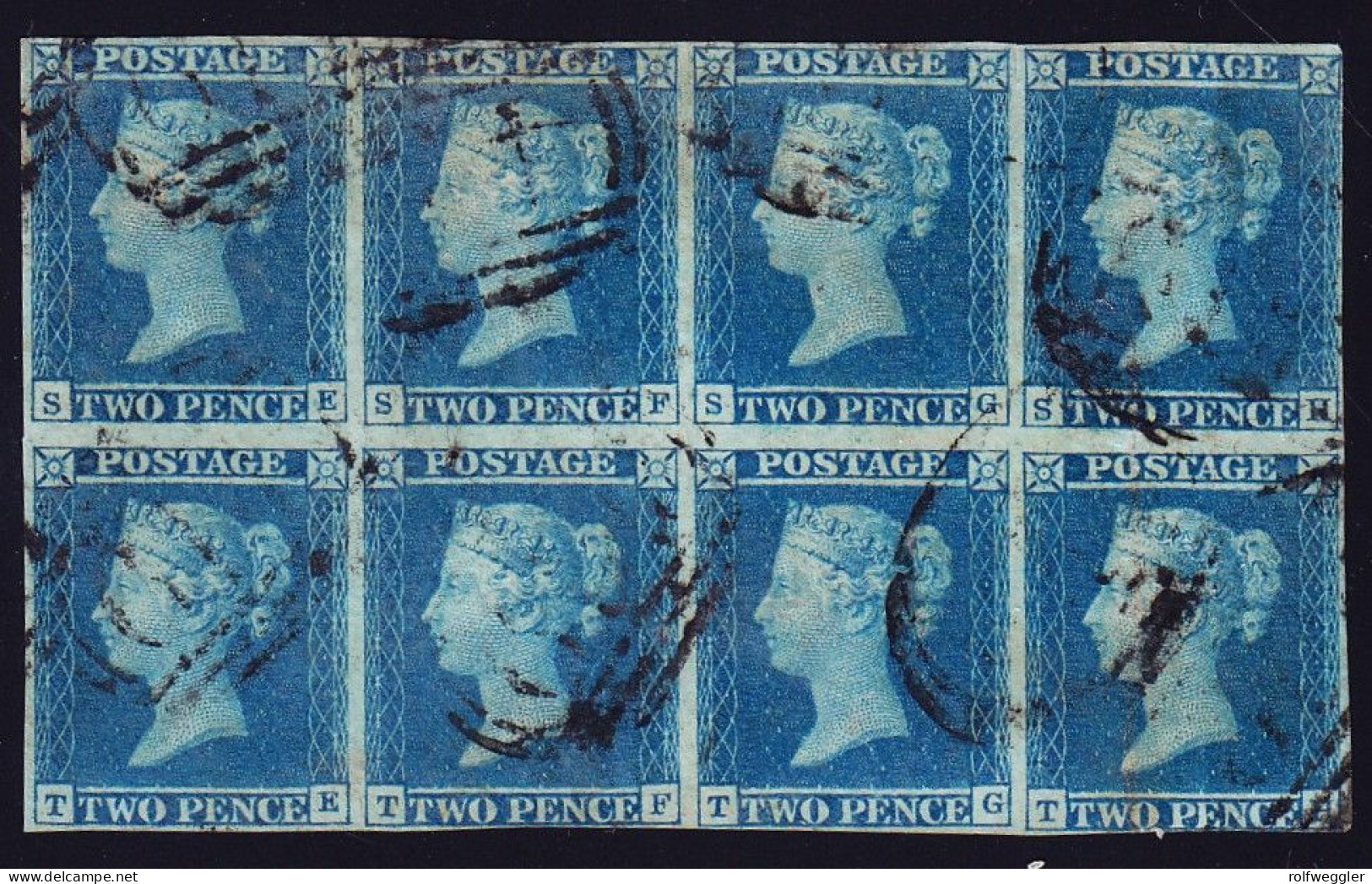 1841 2d. Blau, Gestempelter 8er Block. Unten Knapp Angeschnitten Sonst Vollrandig. SG 14 - Gebraucht