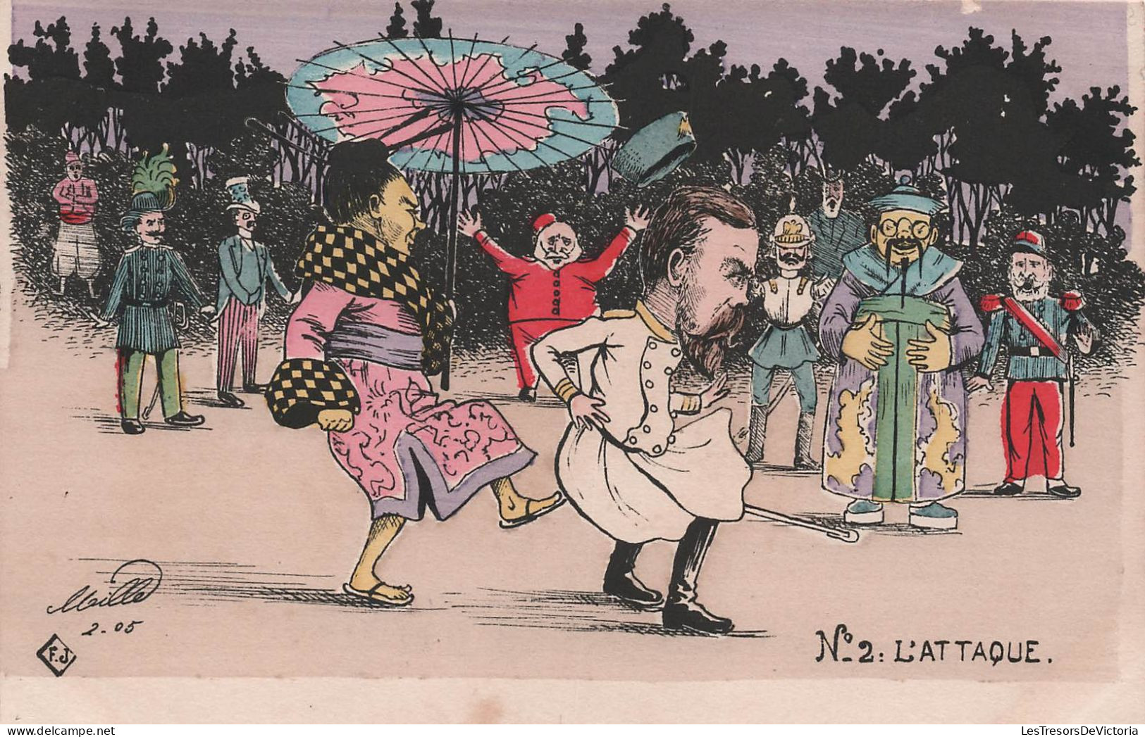 Illustrateur Mille - Conflit RUSSO - JAPONAIS N° 2 L'ATTAQUE - Caricature Politique Guerre - Carte Postale Ancienne - Mille