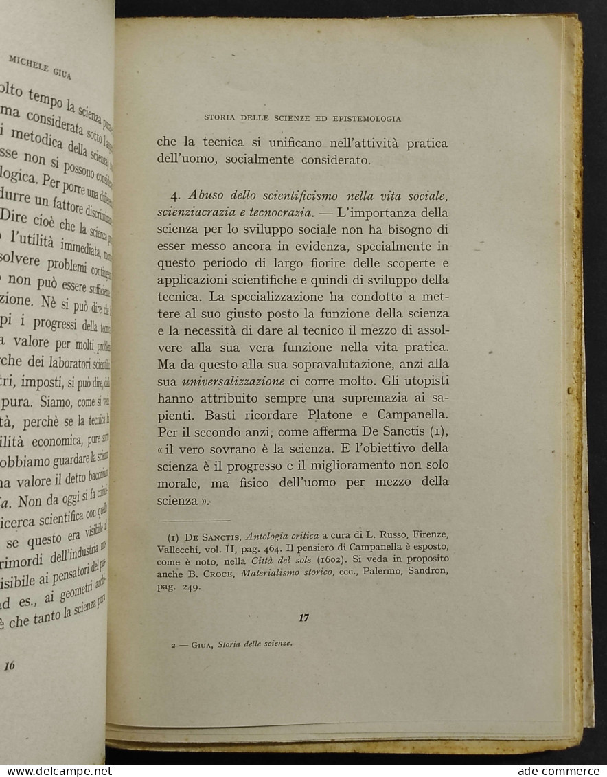 Storia Delle Scienze Ed Epistemologia - M. Giua - Ed. Chiantore - 1945 - Wiskunde En Natuurkunde