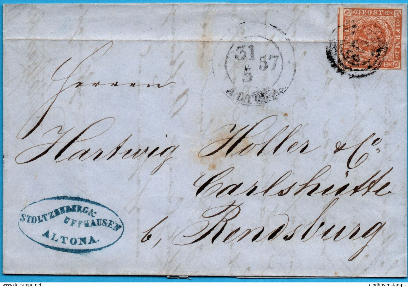 Altona Germany, Danish Postoffice 1858, Full Letter Postmarked Altona 31.5.57, Franked 4 S To Rendsburg, 2303.2012 - Covers & Documents