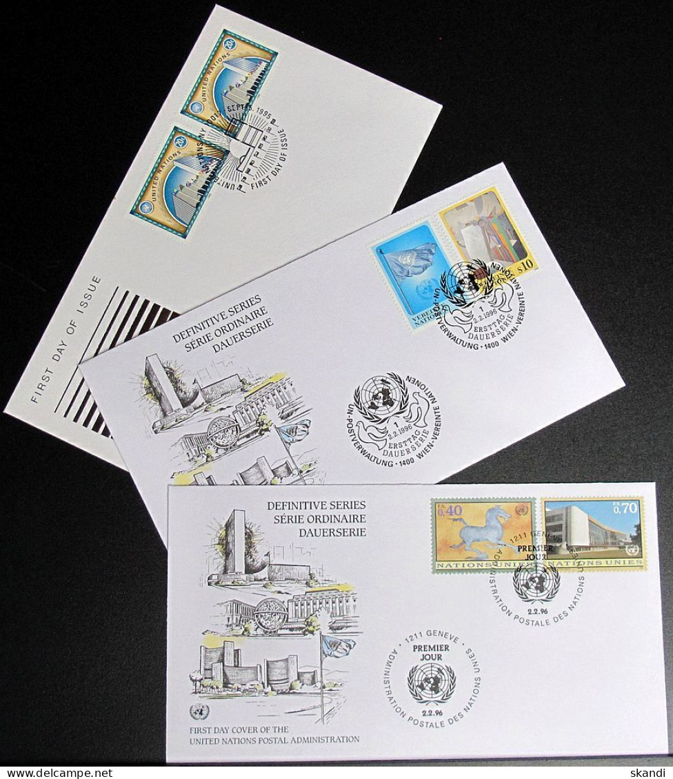 UNO NEW YORK - WIEN - GENF 1996 Dauerserie 3 FDC - Lots & Serien