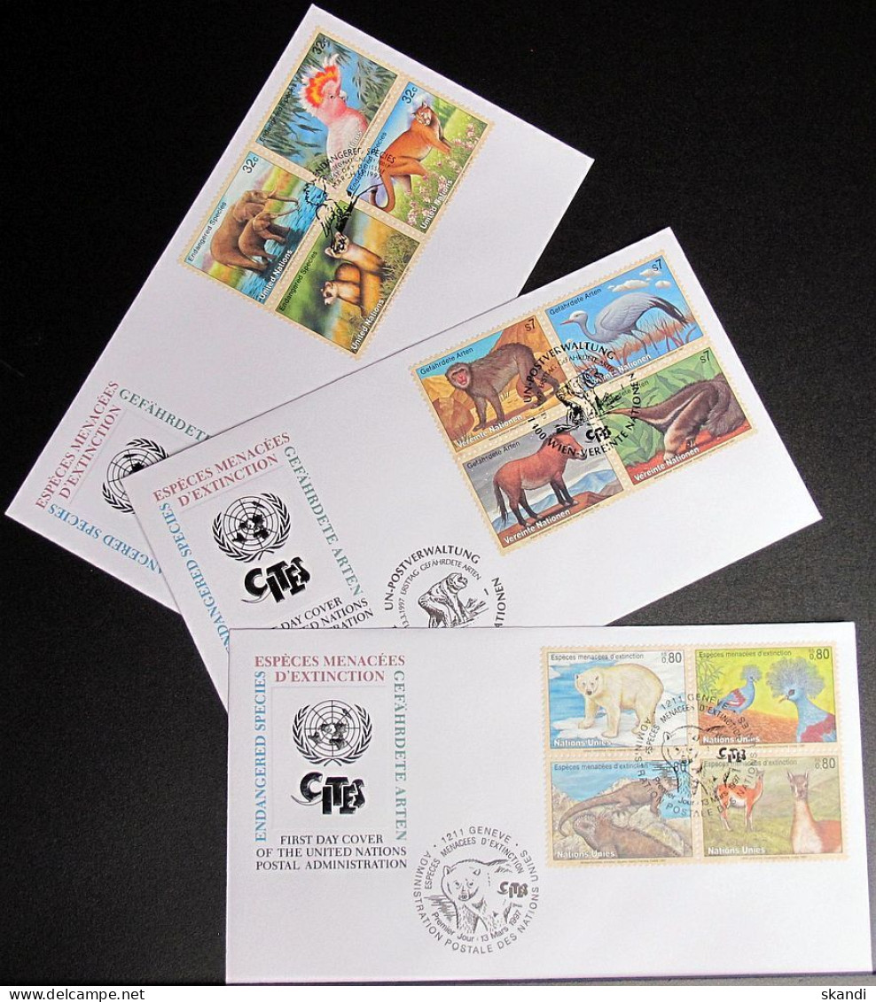 UNO NEW YORK - WIEN - GENF 1997 Gefährdete Arten 3 FDC - Collezioni & Lotti