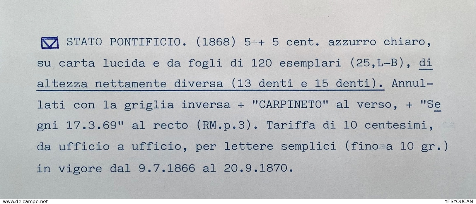 Stato Pontificio Sa.25 SPL ! RARO CARPINETO + SEGNI 1869 (EX PROVERA) lettera>Roma (Italia Italy cover Lazio Velettri