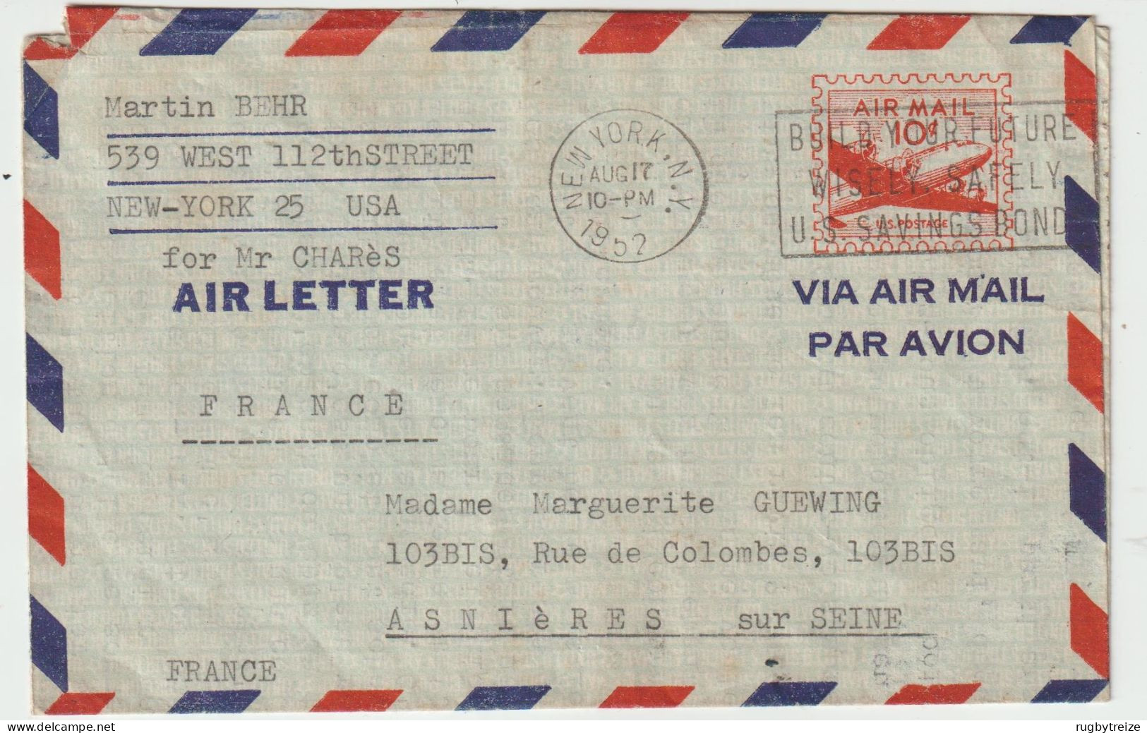 6298 LETTRE COVER BEHR CHARES GUEWING ASNIERES NEW YORK - DANS TEXTE Niewes Auschwitz BRUCK 1952 - 1941-60