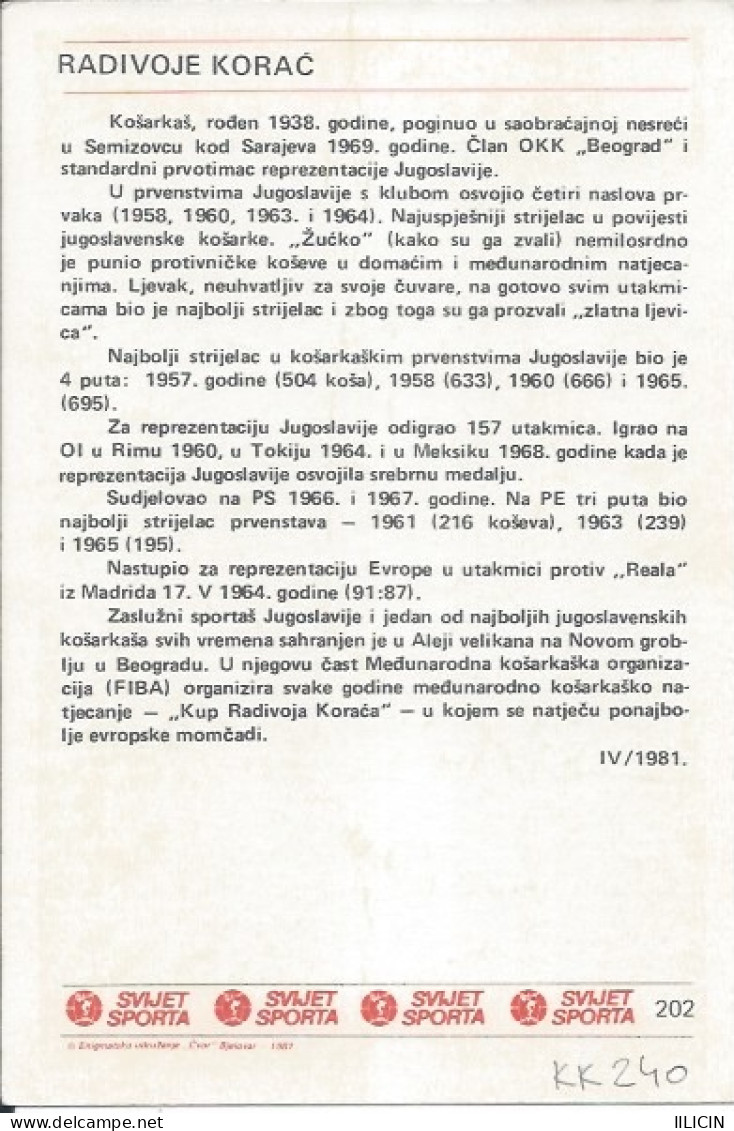 Trading Card KK000240 - Svijet Sporta Basketball Serbia Radivoje Korac Belgrade 10x15cm - Altri & Non Classificati