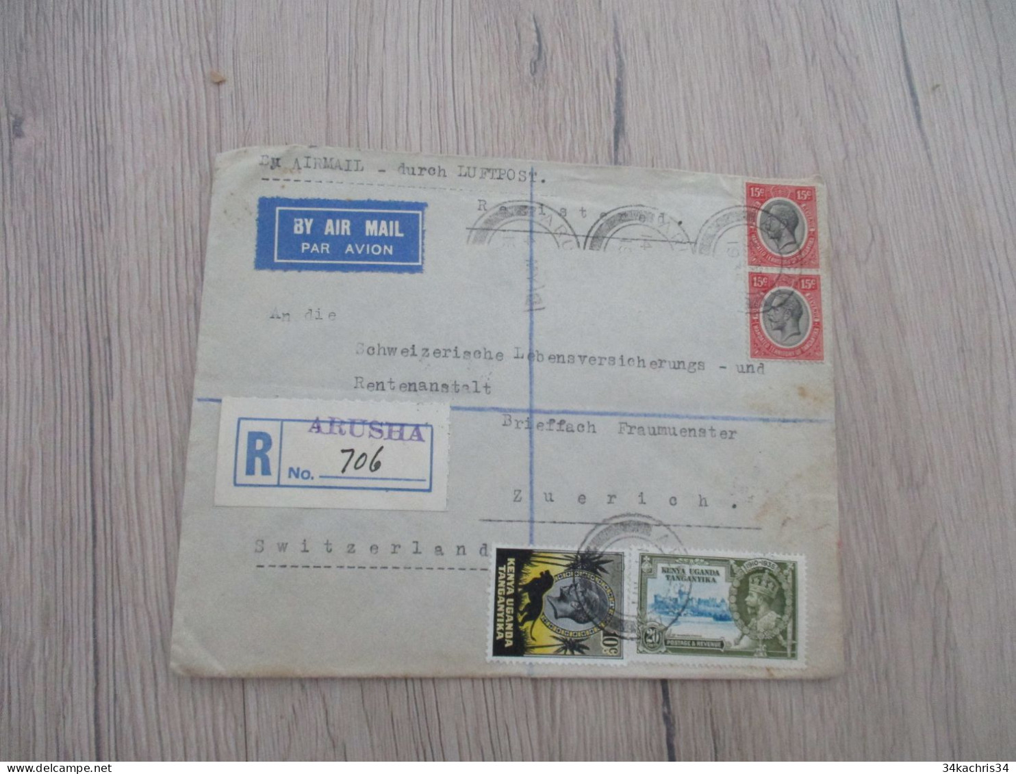 Lettre En Recommandé Arusha Tanganyka 4 TP Ancien Pour Zurich Suisse 1935 By Air Mail - Tanganyika (...-1932)