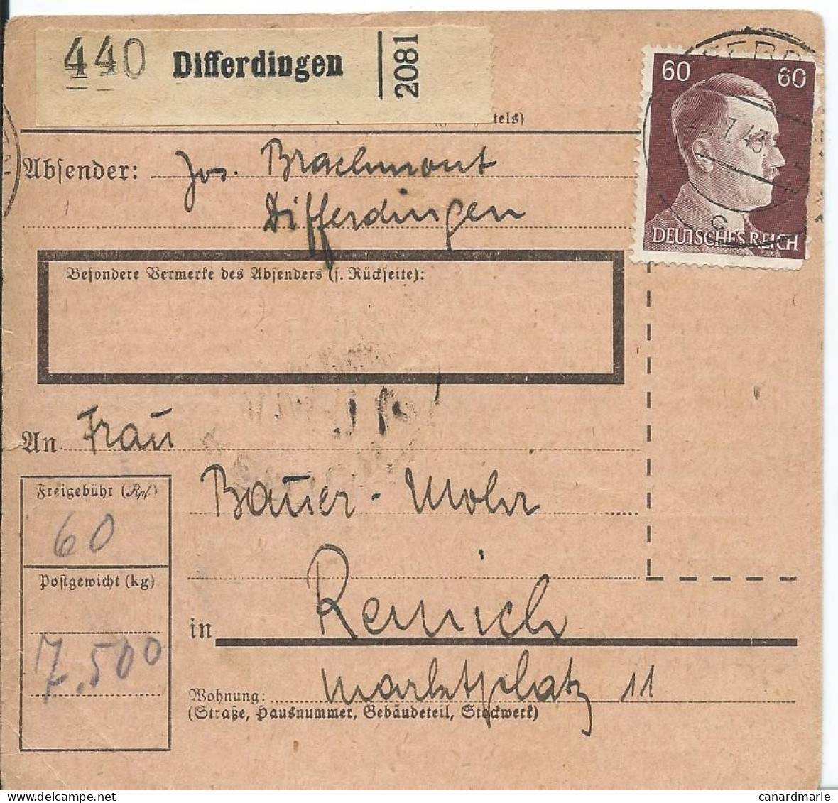 2 BULLETINS DE COLIS POSTAUX 1943/44 AVEC ETIQUETTES DE DIFFERDINGEN - 1940-1944 German Occupation